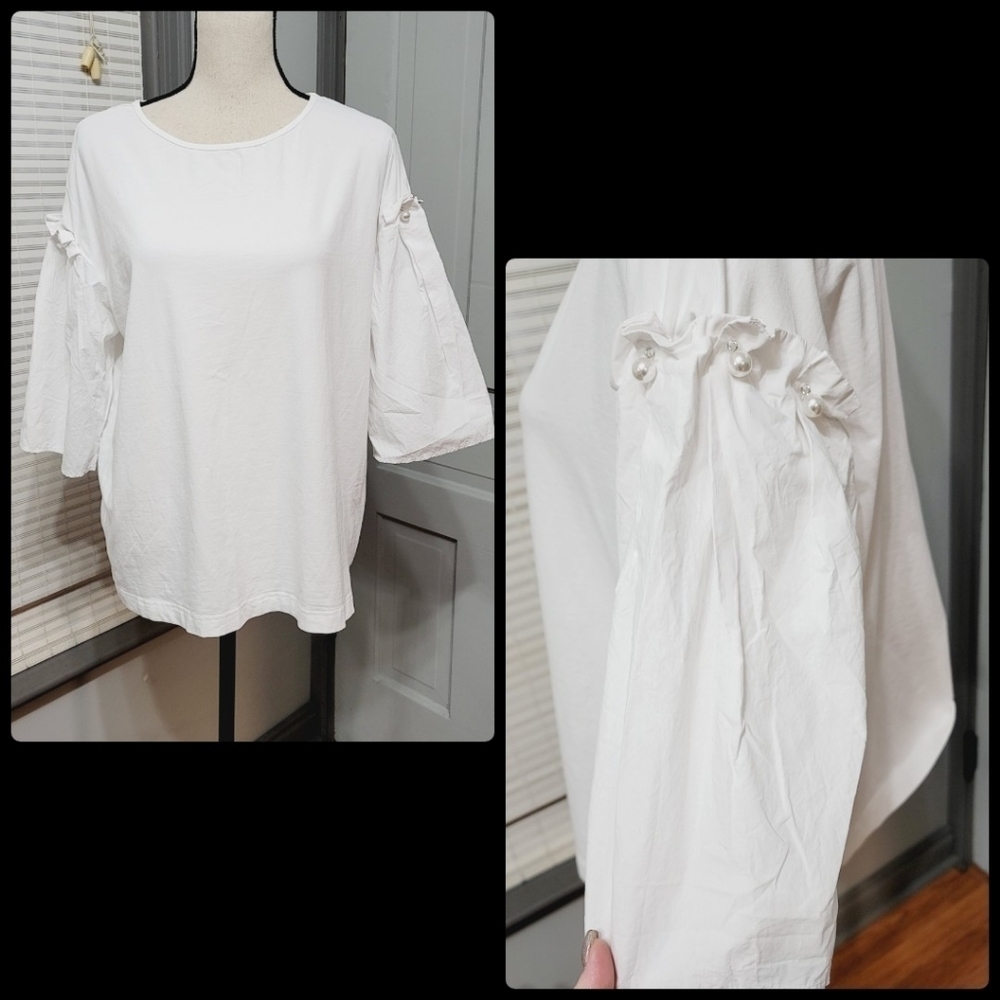 Eloquii Dramatic Ruffle Pearl Detail Puff Sleeve Top - White - 14/16